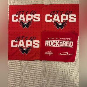 Lot: 4 Caps Towels - 3 Red Let’s Go Caps; 1 2010 Rock the Red, Made from Cotton